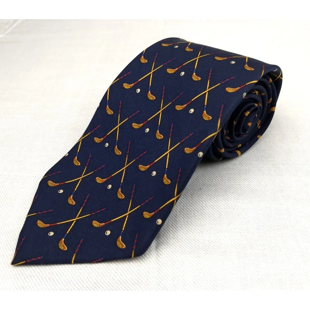 Polo Ralph Lauren 100% Silk Tie Handmade‎ Navy & Tan Golf Clubs Ball USA Vintage